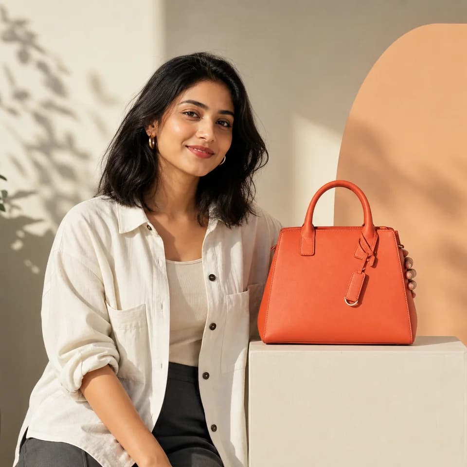 Fictional creator presenting a coral handbag